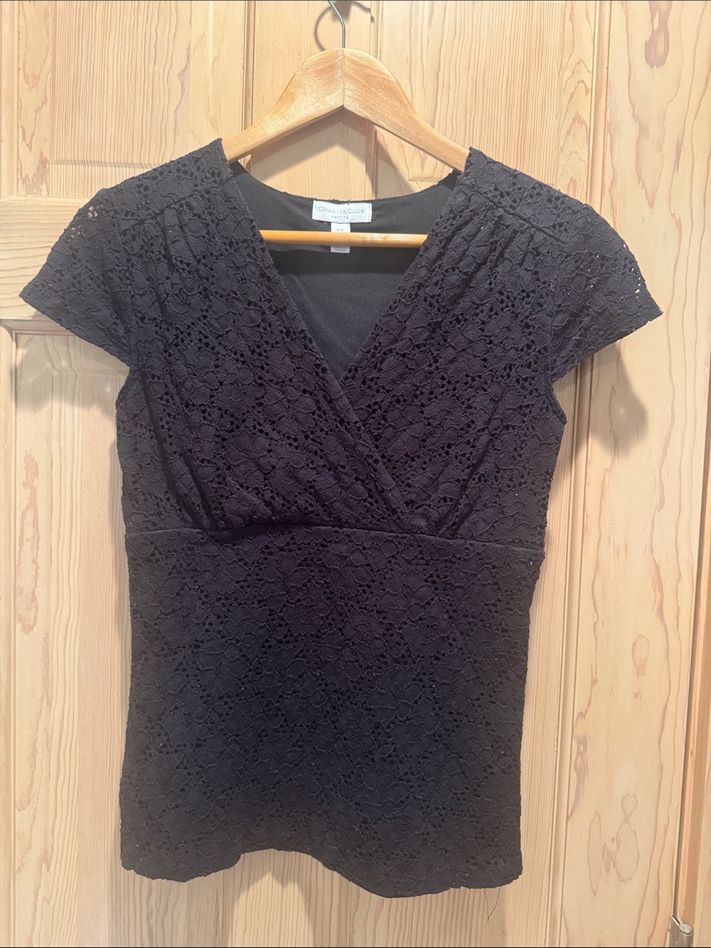 Charter Club Black Lace Surplice Short Sleeve Top